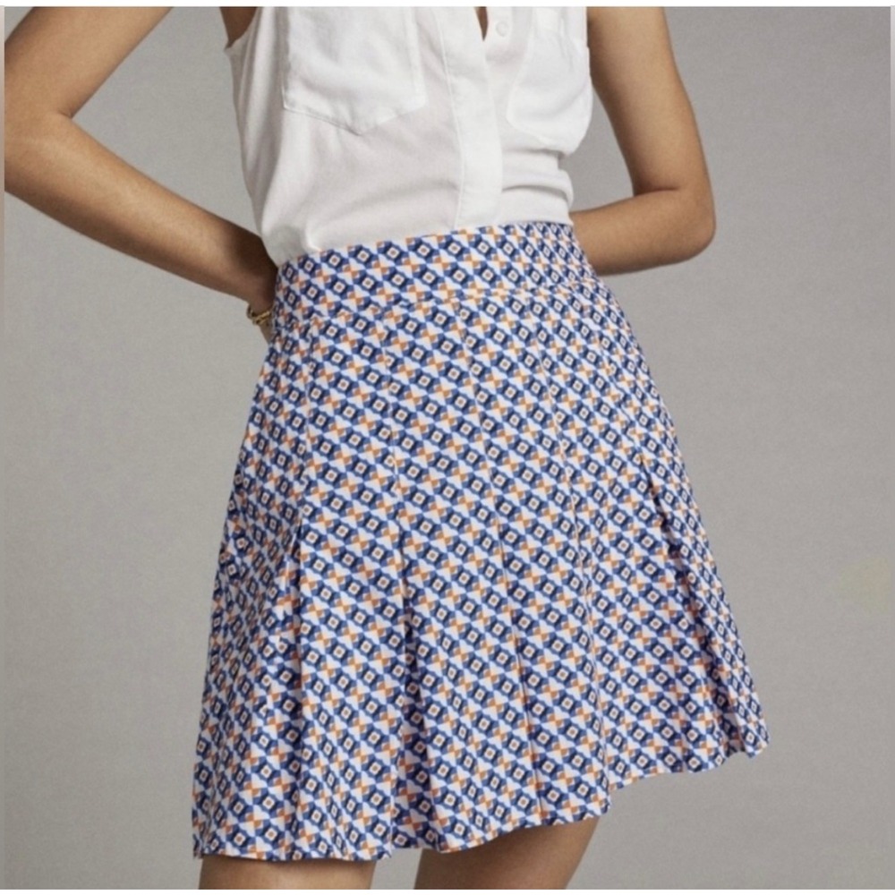 Anthropologie Maeve Blue Orange Geometric Pleated Cotton A-Line Skirt Women Sz 8